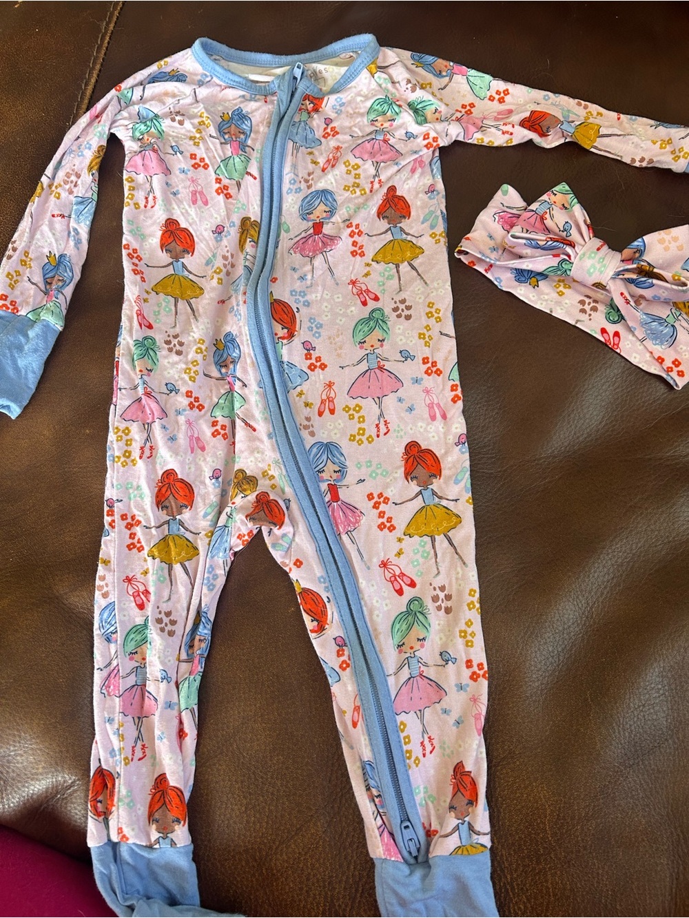 Little Sleepies 6-13 Light Pink Ballerina Print One-Piece Romper with Blue Trim